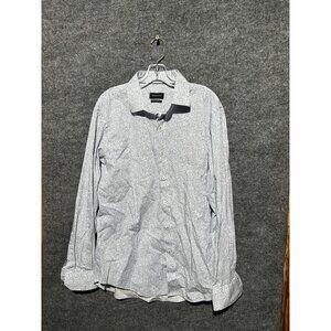 Bugatchi Shirt Mens 17.5 White Blue Floral Comfort Stretch Dress Long Sleeve